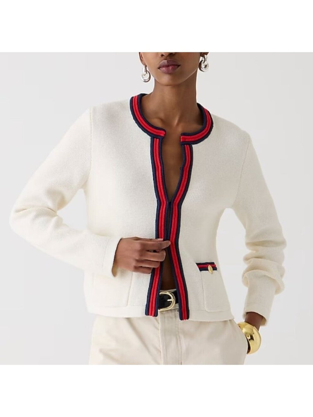 NWT J.Crew Emilie Sweater Lady Jacket in Ivory Red Navy Contrast Trim Cardigan S